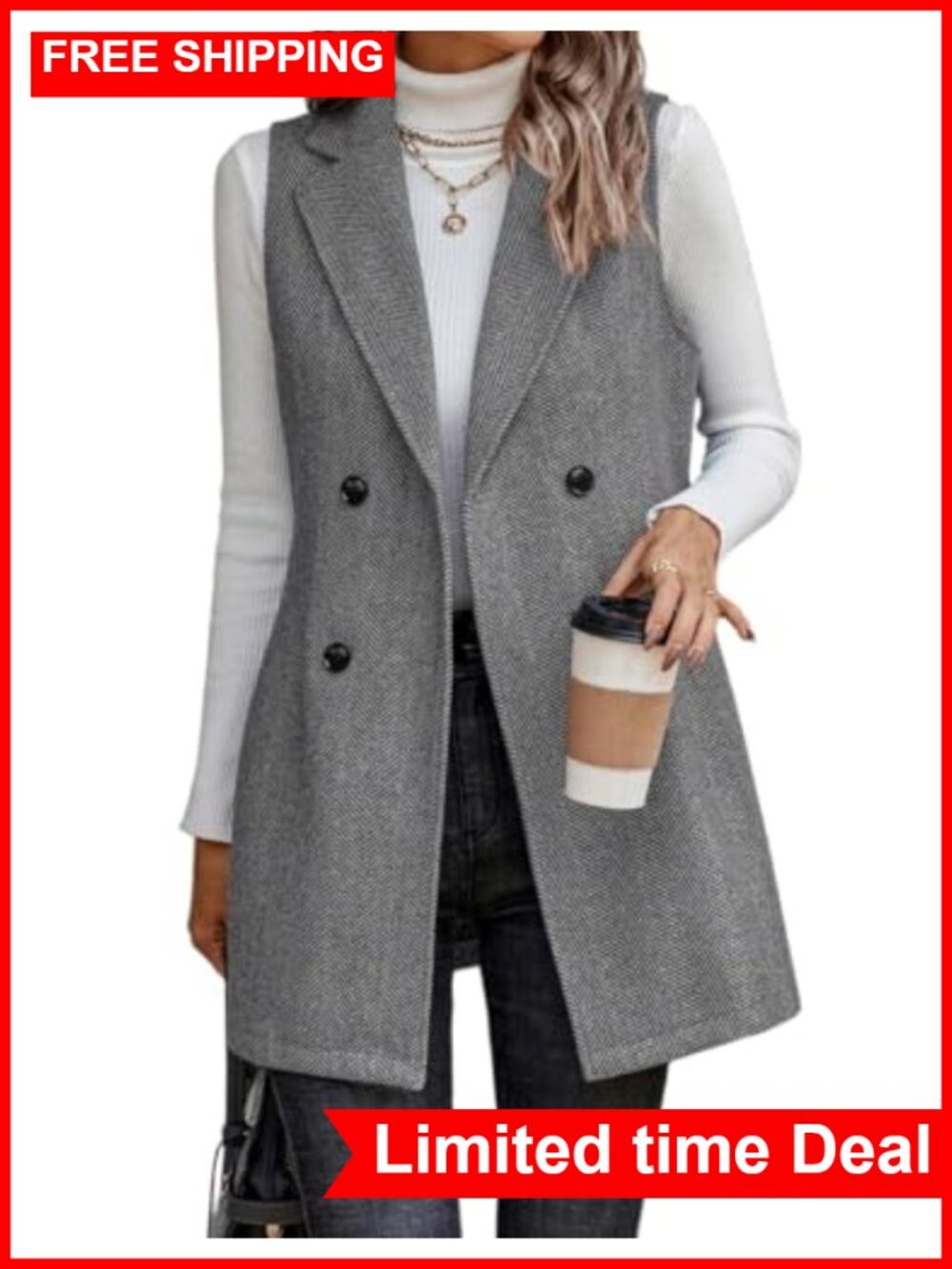 Long Sleeveless Tweed Vest Blazer Herringbone Wool Blend Business Casual